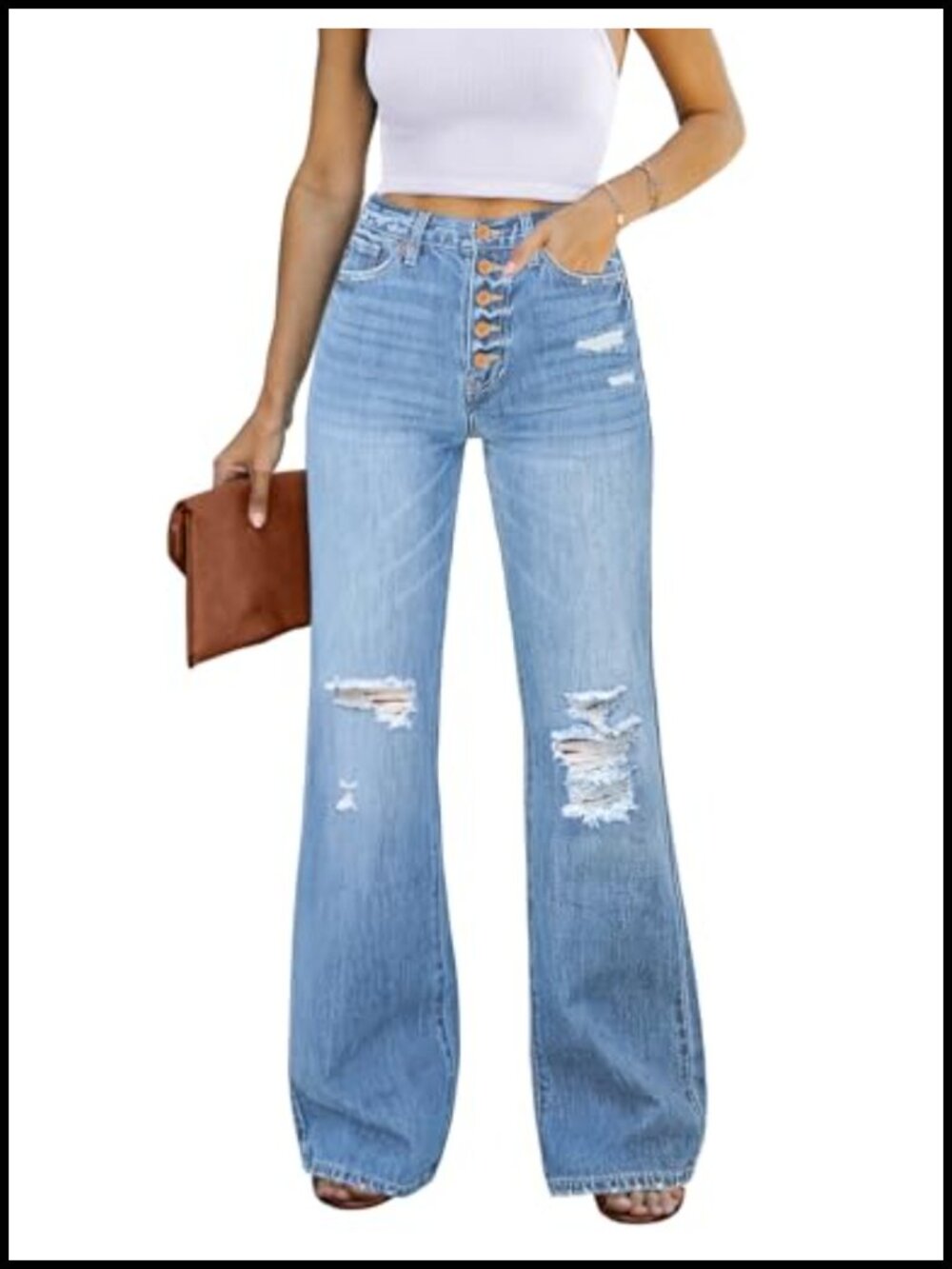 High Waist Flare Jeans Stretchy Denim Ripped Knee Wide Leg